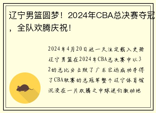 辽宁男篮圆梦!2024年CBA总决赛夺冠,全队欢腾庆祝!